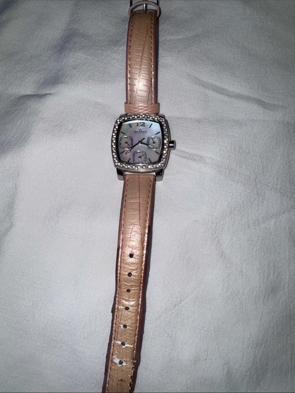 Skagen Silver-Tone Watch with Blush Leather Strap and Crystal Bezel